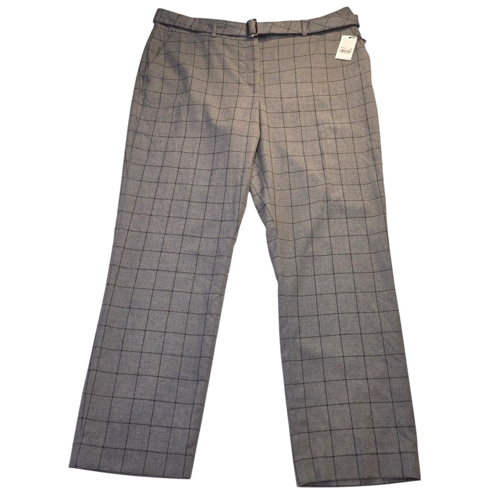 NEW Calvin Klein Gray Windowpane Dress Pants 16 Belted Straight Leg Career